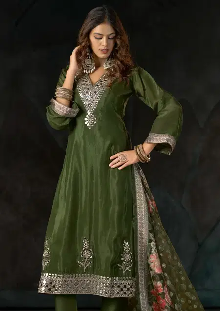 Sisa By Ibiza Banglory Glass Organza Hand Mirror Work Dress Material Exporters In India